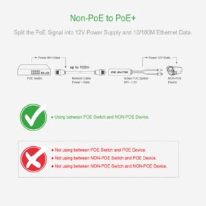 POE Splitter Adapter 12V, Active Power Over ethernet Splitter 48V to 12V, IEEE 802.3af/at Compliant 10/100Mbps up to 100 Meters for Surveillance Camera CCTV and Wireless AP, 2-Pack