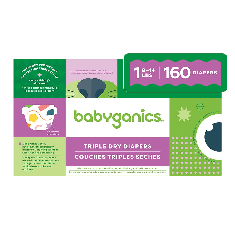 Babyganics Size 1, 160 count, Absorbent, Breathable, Triple Dry Protection Diapers