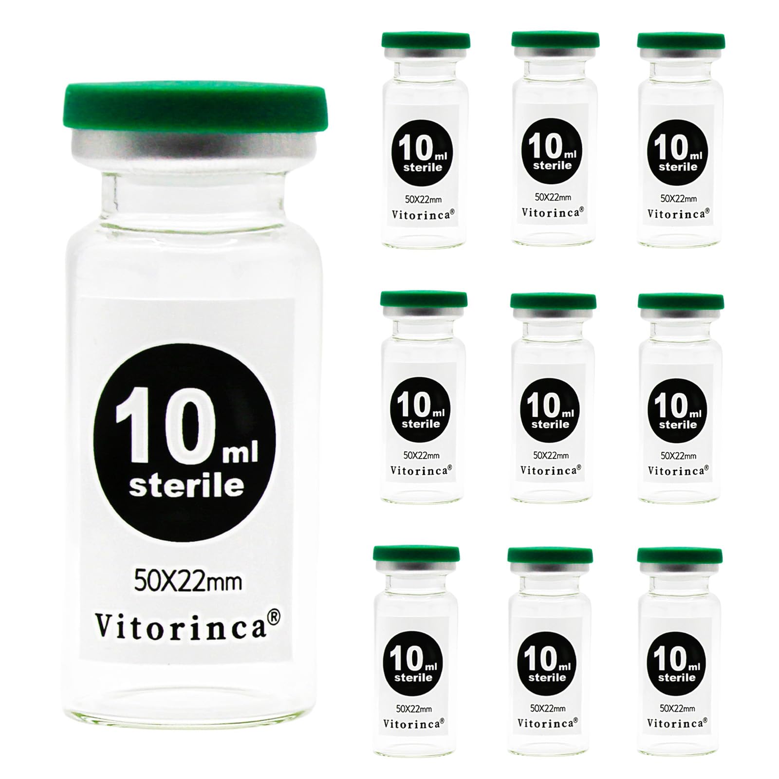 Vitorinca 10ml Sterile Glass Vials, 10 Packs-10ml Sterile Empty Vial with Self-Healing Injection Port and Flip Top Cap, Sterile Package, for use in sterile preparations and Laboratory Study