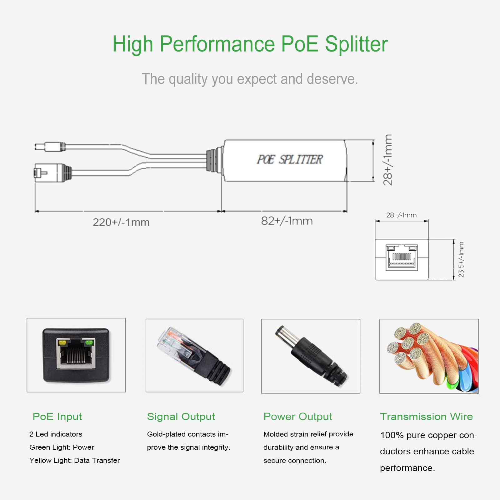 POE Splitter Adapter 12V, Active Power Over ethernet Splitter 48V to 12V, IEEE 802.3af/at Compliant 10/100Mbps up to 100 Meters for Surveillance Camera CCTV and Wireless AP, 2-Pack