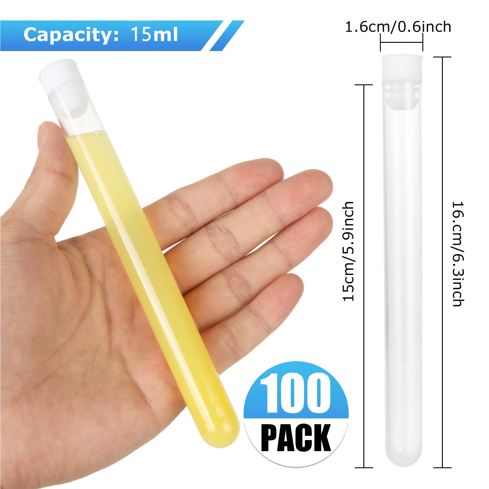 100Pcs Disposable Plastic Test Tubes with Caps 16x150mm 15ml Clear Test Tubes Containers Good Seal for Candy Storage, Bath Salts, Scientific Experiment