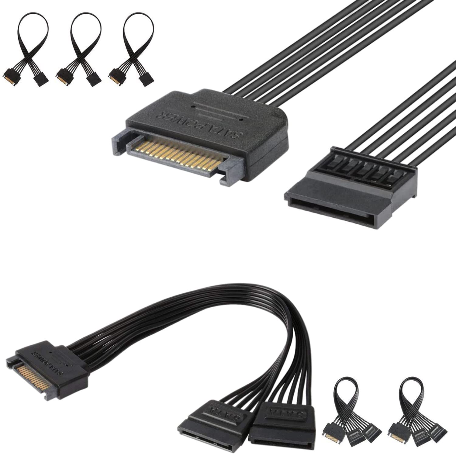 J&D 15 Pin SATA Power Cable Bundle, 15 Pin SATA Power Extension Cable and 15 Pin SATA Power Y Splitter Cable, Male to Female