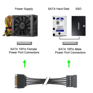 J&D 15 Pin SATA Power Cable Bundle, 15 Pin SATA Power Extension Cable and 15 Pin SATA Power Y Splitter Cable, Male to Female