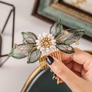 casdre flower bride wedding hair comb gold leaf bridal side comb hair piece party prom crystal hair accessories for women and girls (a green)