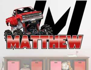 personalized monster truck wall decals - monster truck wall stickers for wall decor - monster truck room decor for boys - monster jam wall decals for kids bedroom - customized name wall decor