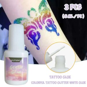 Temporary Tattoo Glue - wumawu 8ml Glitter Glue Brush Bottle, Water Soluble Body Painting Glue, Ideal for Halloween, Carnival, Birthday Party, Theme Party, Costume Events & Makeup Artists (3 Pcs)…