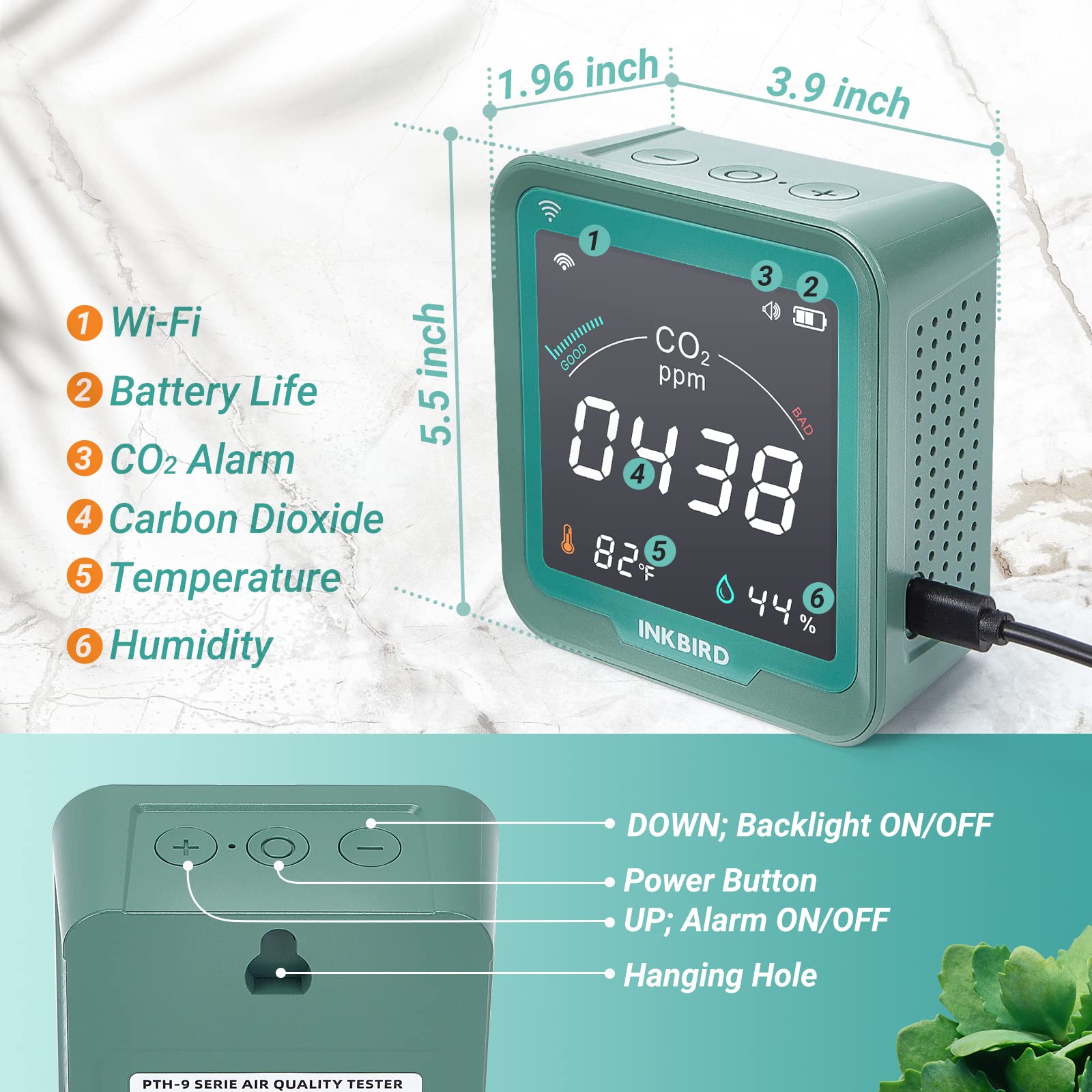 INKBIRD WiFi Indoor Air Quality Monitor, CO2 Detector, Accurate NDIR Sensor, Temperature and Relative Humidity, Indoor CO2 Meter with Data Logger, for Cars, Wine Cellars, Grow Tents, Homes (INK-CO2W).