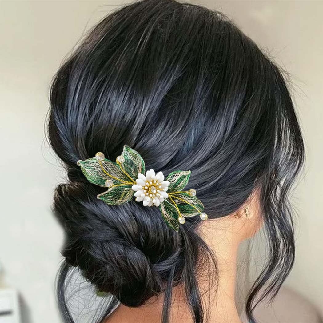 Casdre Flower Bride Wedding Hair Comb Gold Leaf Bridal Side Comb Hair Piece Party Prom Crystal Hair Accessories for Women and Girls (A Green)