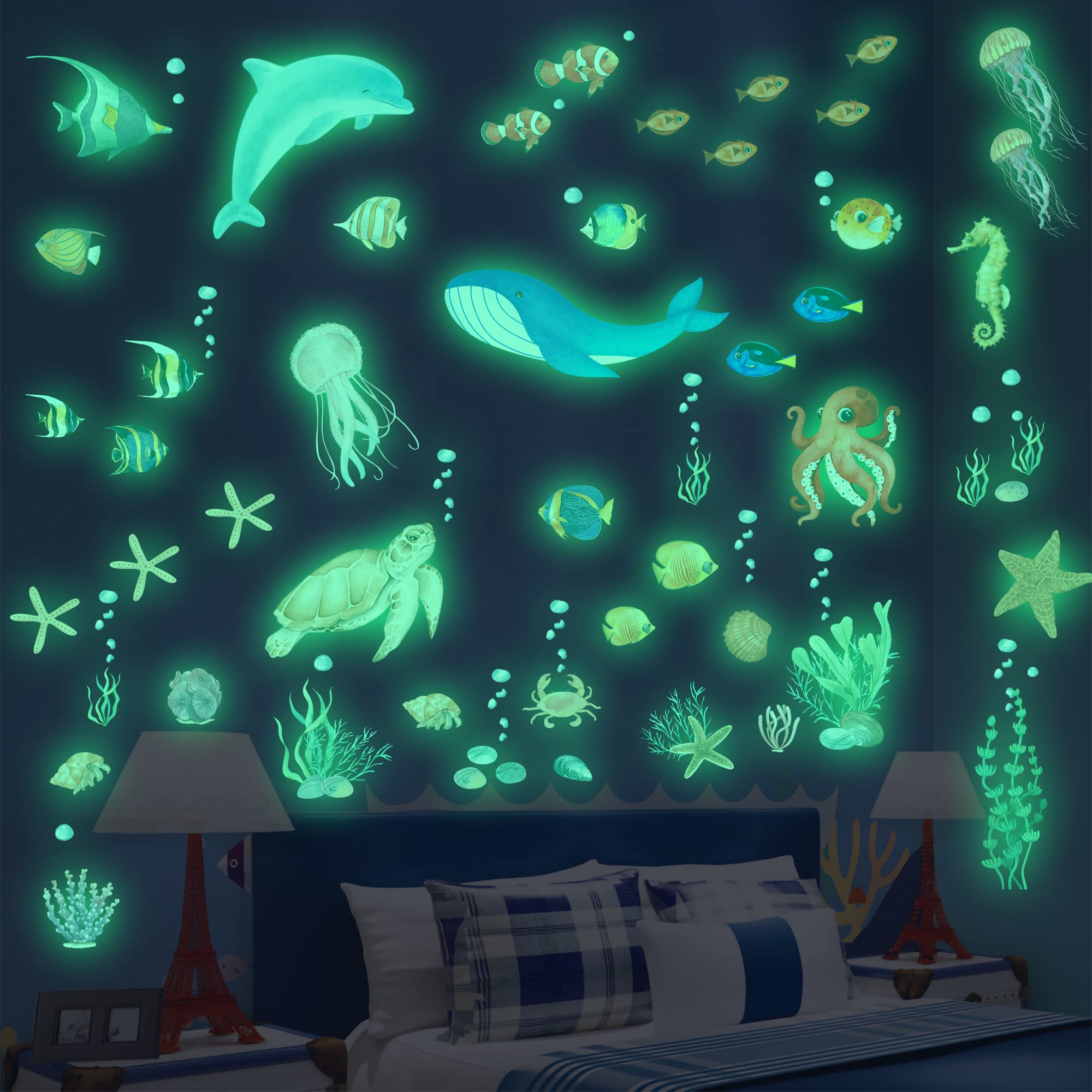 Sea Turtle Ocean Fish Wall Decals Glow in The Dark, Under The Sea Life Animals Stickers for Ceiling, Girls Boys Waterproof Decoration for Living Room Wall Bathroom Toilet