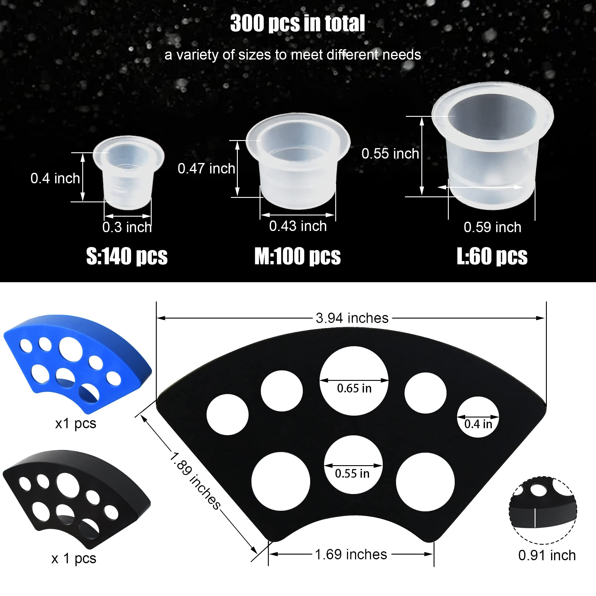 Yuronam 302PCS Tatoo Ink Caps Kit, Include 300 Tatoo Ink Cups Mixed Size and 2 Ink Cap Holder for Tatoo Ink Tatoo Accessory Tatoo Supplies