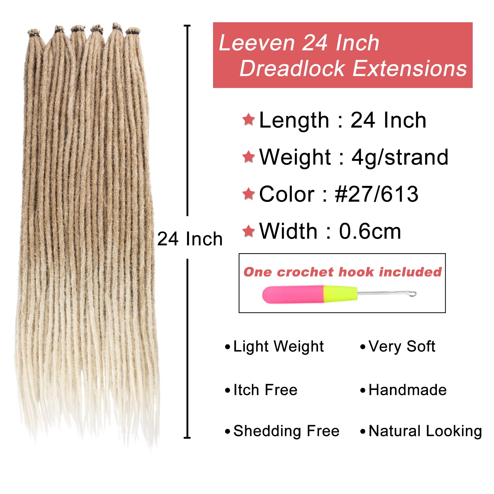 Leeven 24 Inch Synthetic Dreadlock Extensions 20 Strands Hippie Single Ended Dreads Ombre Blonde 0.6 cm Width Loc Extensions Reggae Style Crochet Hair for Women