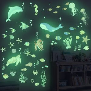 Sea Turtle Ocean Fish Wall Decals Glow in The Dark, Under The Sea Life Animals Stickers for Ceiling, Girls Boys Waterproof Decoration for Living Room Wall Bathroom Toilet