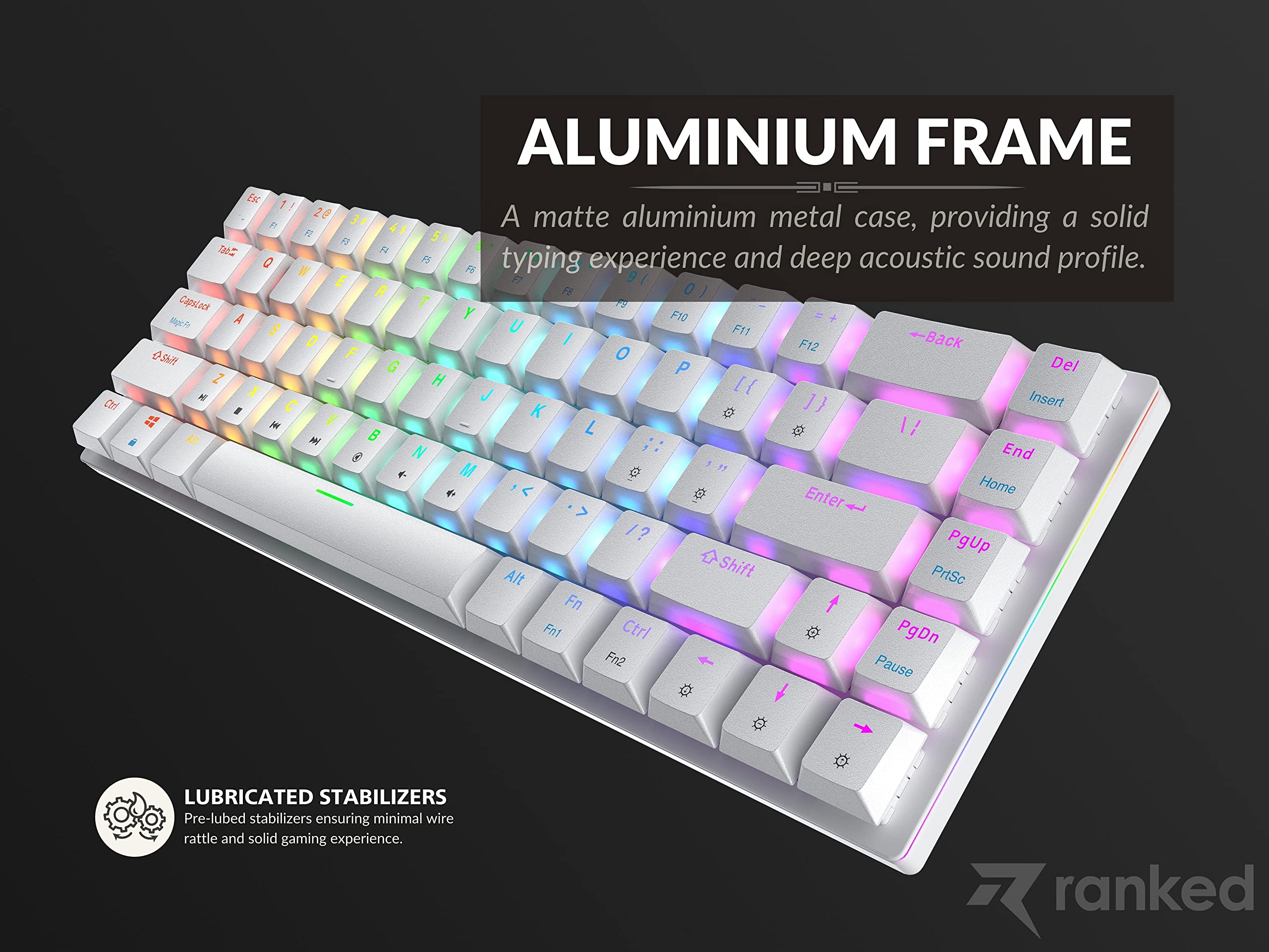 Ranked G65 Guardian 65% | Full Aluminum Frame | Ultra Slim Hot Swappable Mechanical Gaming Keyboard | 68 Keys Multi Color RGB LED Backlit for PC/Mac Gamer (White, Gateron Low Profile Blue)