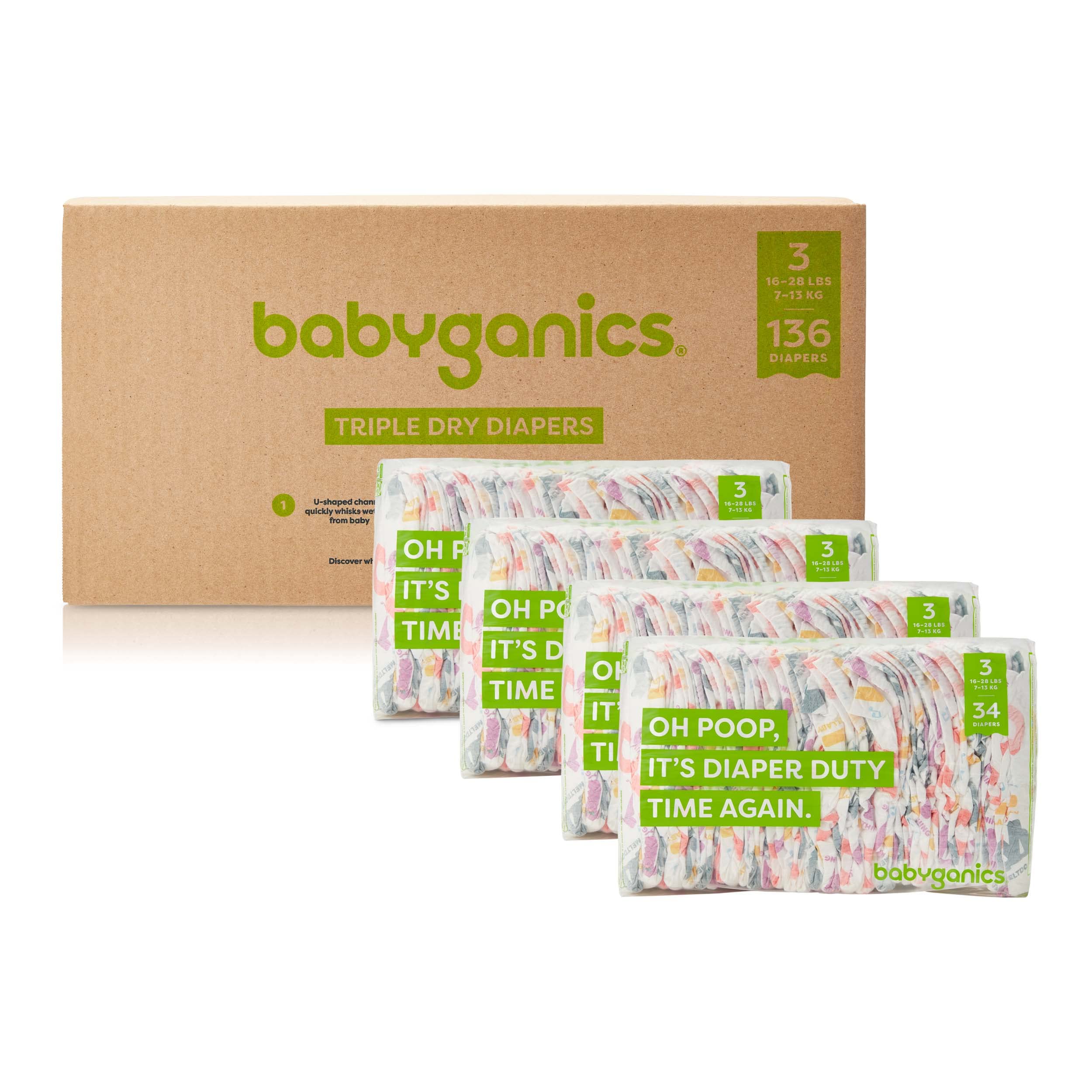 Babyganics Size 3, 136 count, Absorbent, Breathable, Triple Dry Protection Diapers