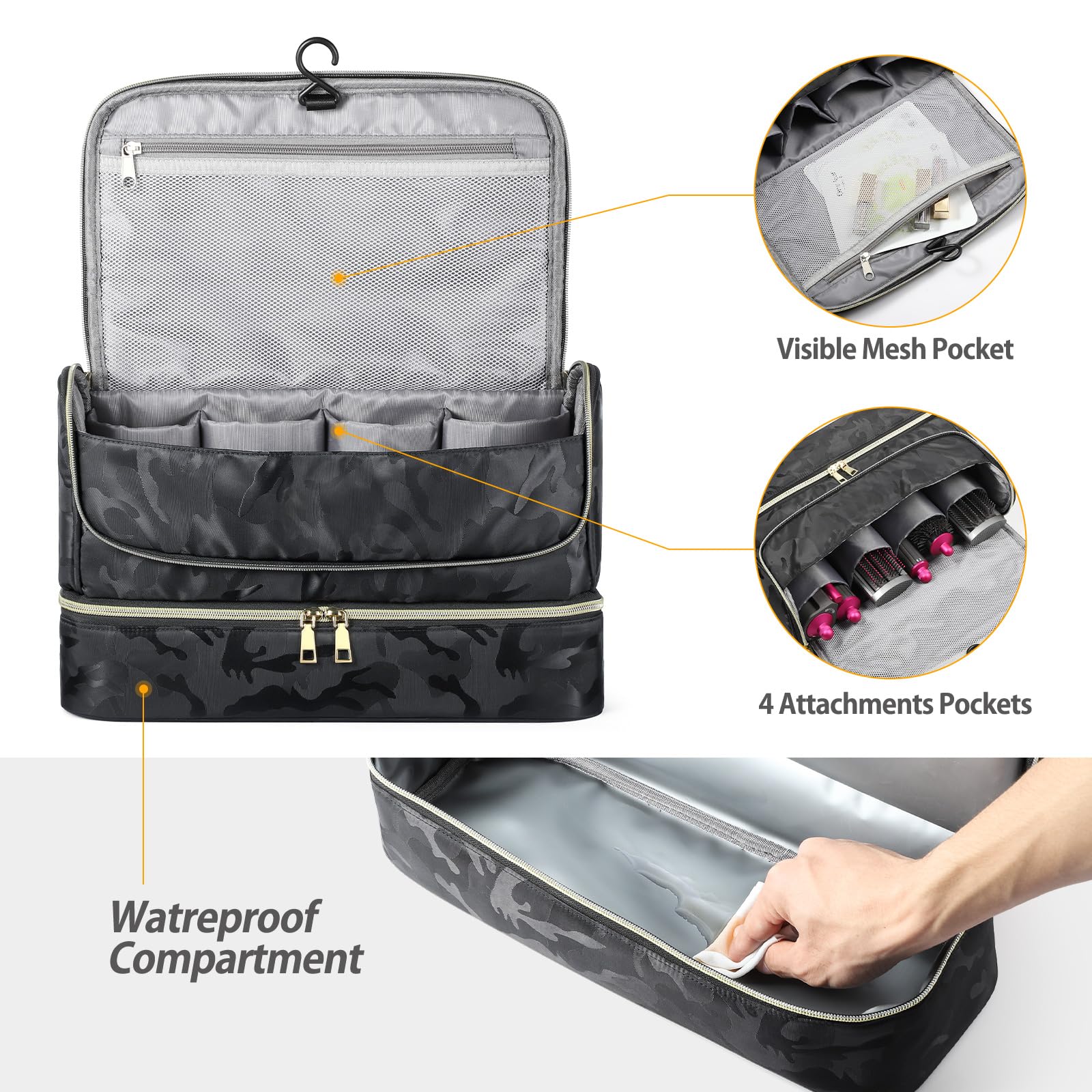 Double-Layer Travel Case for Dyson Airwrap, Shark Flexstyle Travel Carrying Case, Waterproof Portable Storage Bag for Dyson & Shark Hair Dryer/Styler/Airwrap/Attachments, Gift for Women (Camo Black)