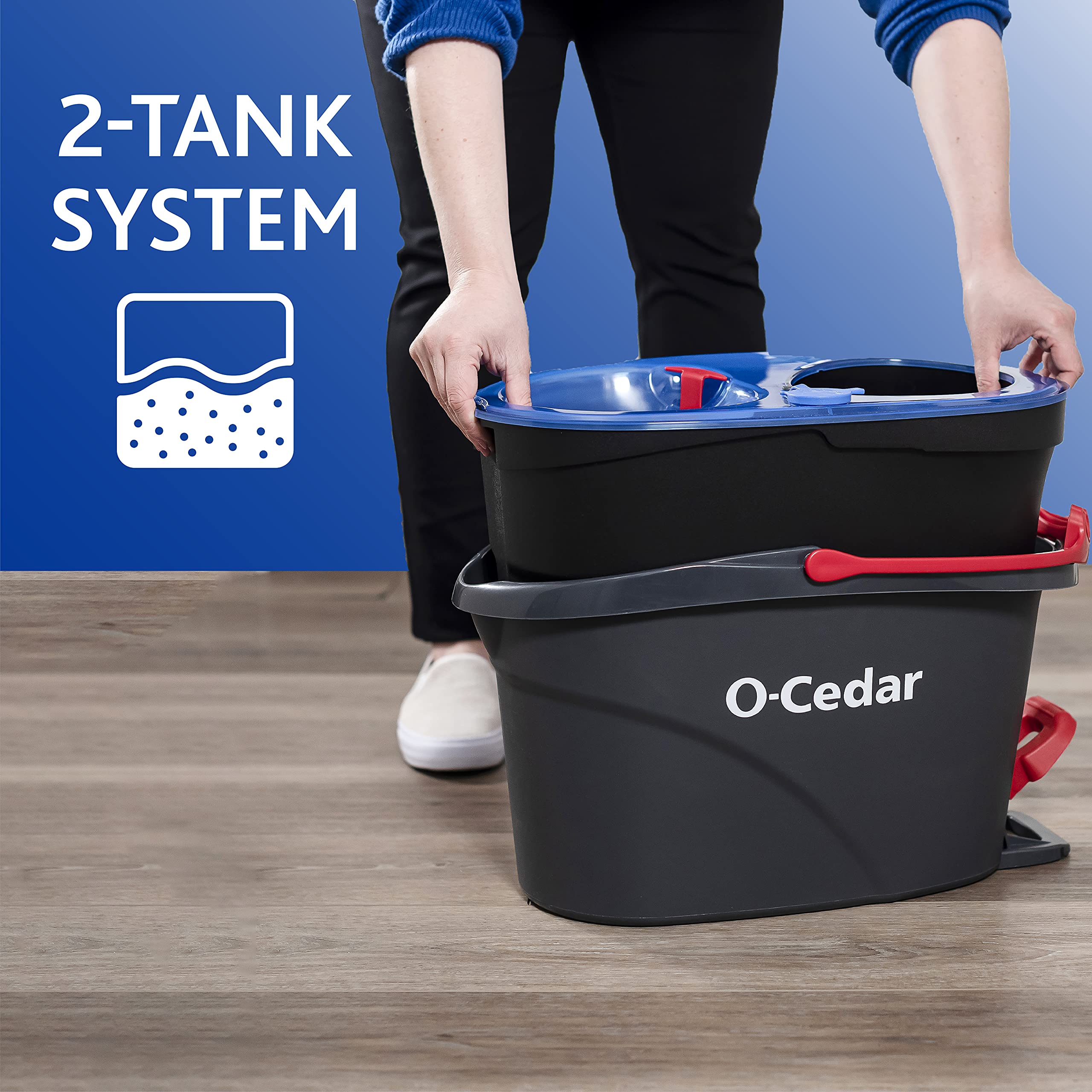 O-Cedar EasyWring RinseClean Microfiber Spin Mop & Bucket Floor Cleaning System with 2 Extra Refills and Pet Pro Broom & Step-On Dustpan PowerCorner, Red