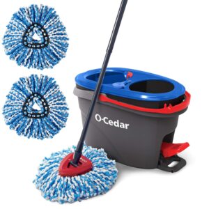 O-Cedar EasyWring RinseClean Microfiber Spin Mop & Bucket Floor Cleaning System with 2 Extra Refills and Pet Pro Broom & Step-On Dustpan PowerCorner, Red