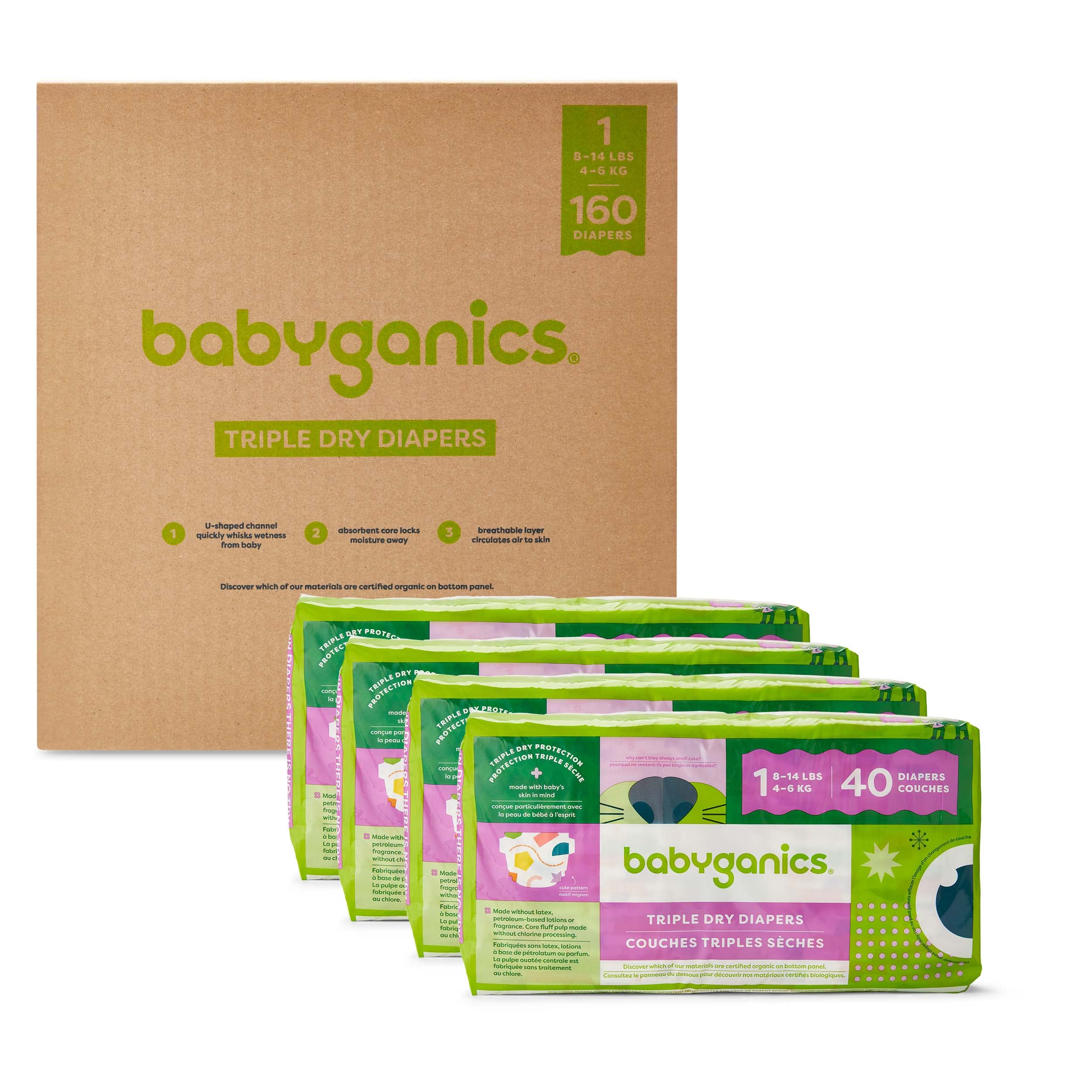 Babyganics Size 1, 160 count, Absorbent, Breathable, Triple Dry Protection Diapers