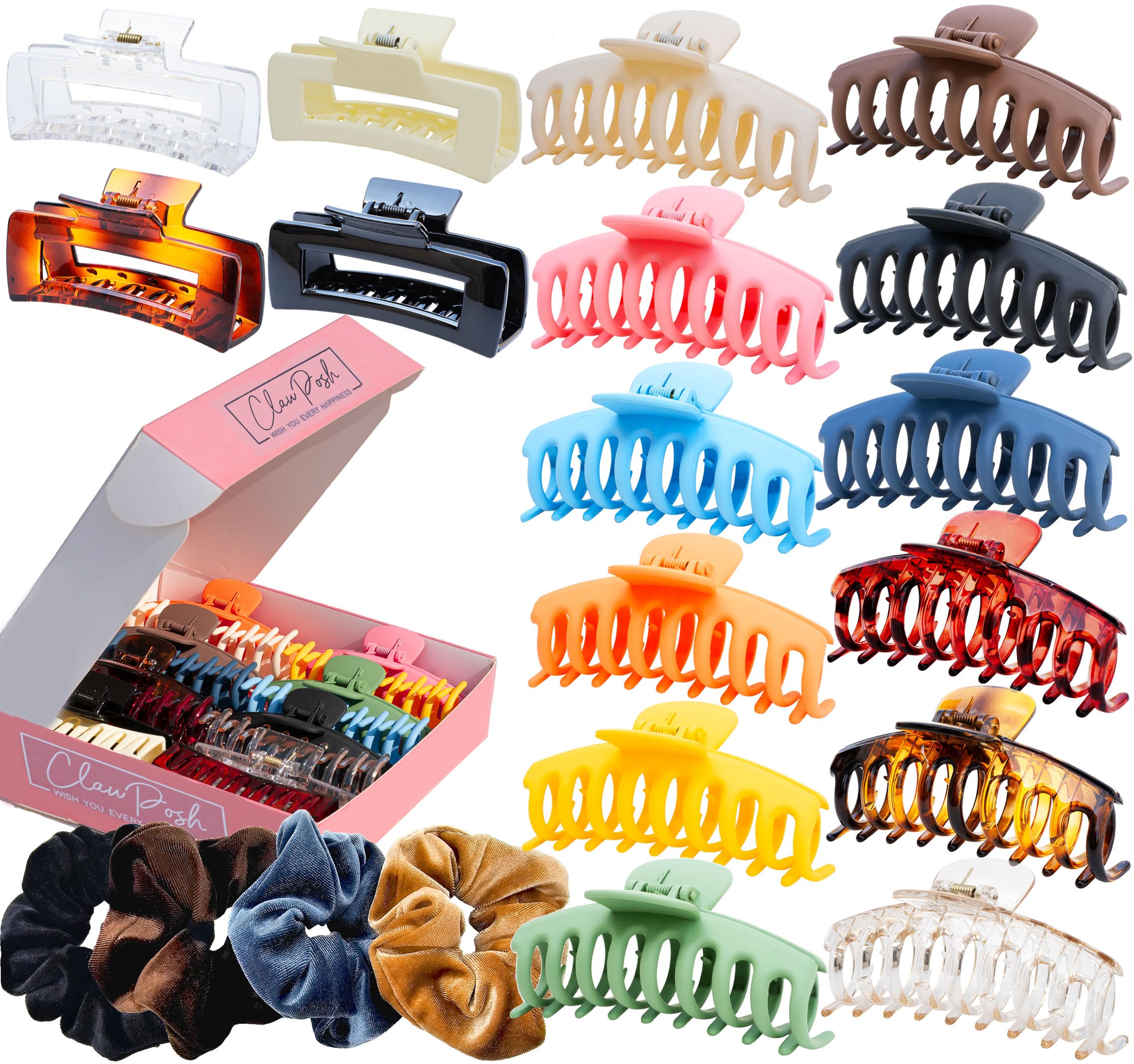 20 pack- Large Hair Clips for Thick Hair & Velvet Scrunchies, 4.3 & 4in Big Claw Clips Set with 4.5in Soft Scrunchies Matches Any Outfit for Any Hairstyle on any Occasion