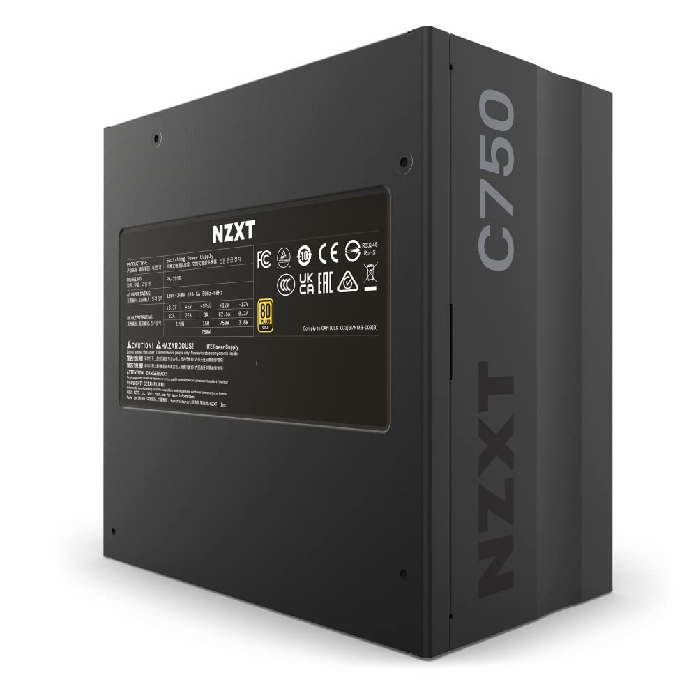 NZXT C750 PSU (2022) - PA-7G1BB-US - 750 Watt PSU - 80+ Gold Certified - Fully Modular - Sleeved Cables - ATX Gaming Power Supply