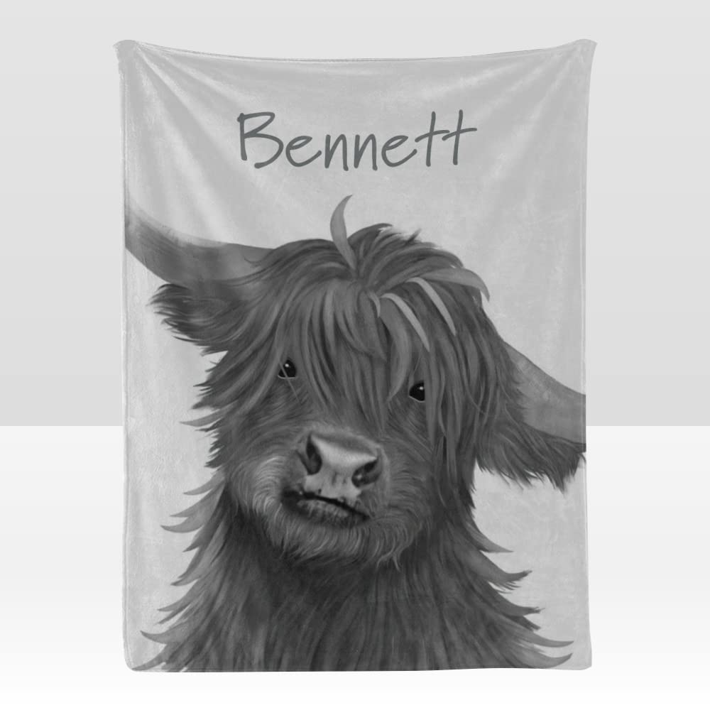 XOZOTY Personalized Funny Cow Gray Baby Blanket with Name Custom Baby Nursery Throw Fleece Blankets for Boys and Girls Birthday Tapestry 30 X 40inch