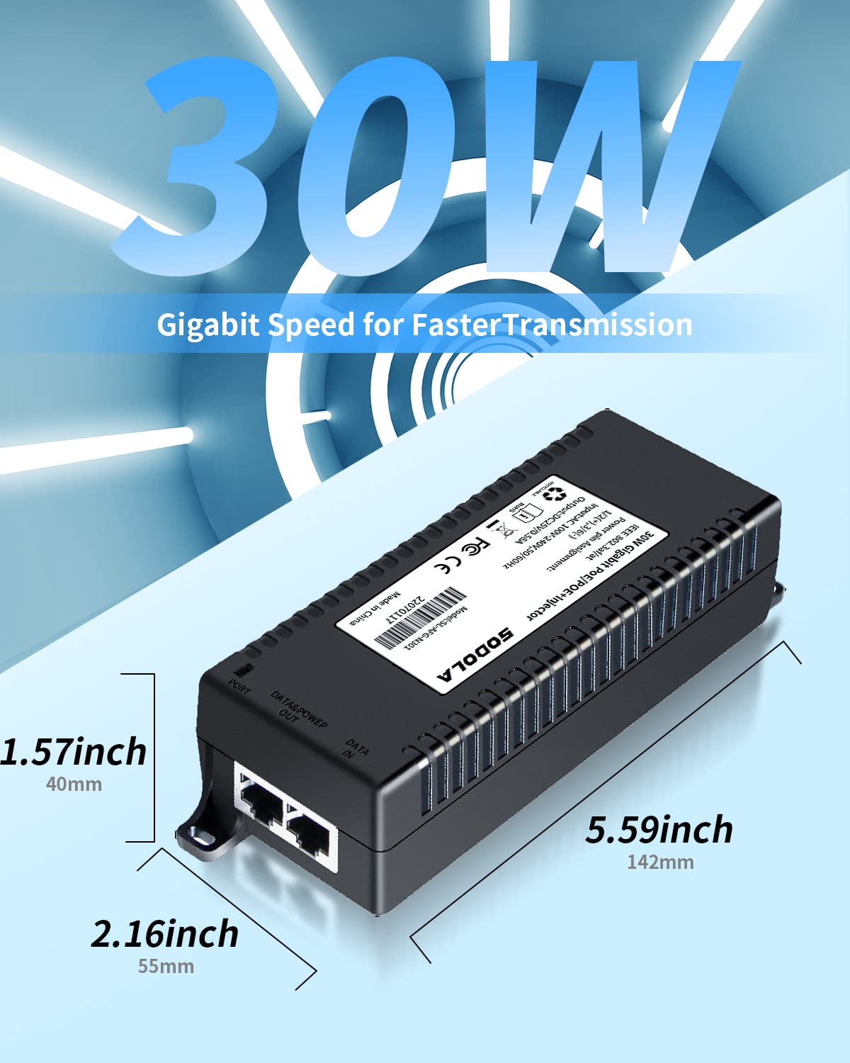 SODOLA POE Injector,30W Gigabit Power Over Ethernet PoE+ Injector Adapter | Convert Non-PoE to PoE Adapter |10/100/1000Mbps RJ-45 | 802.3 af/at | Plug & Play | up to 100 Meters (325 Feet)