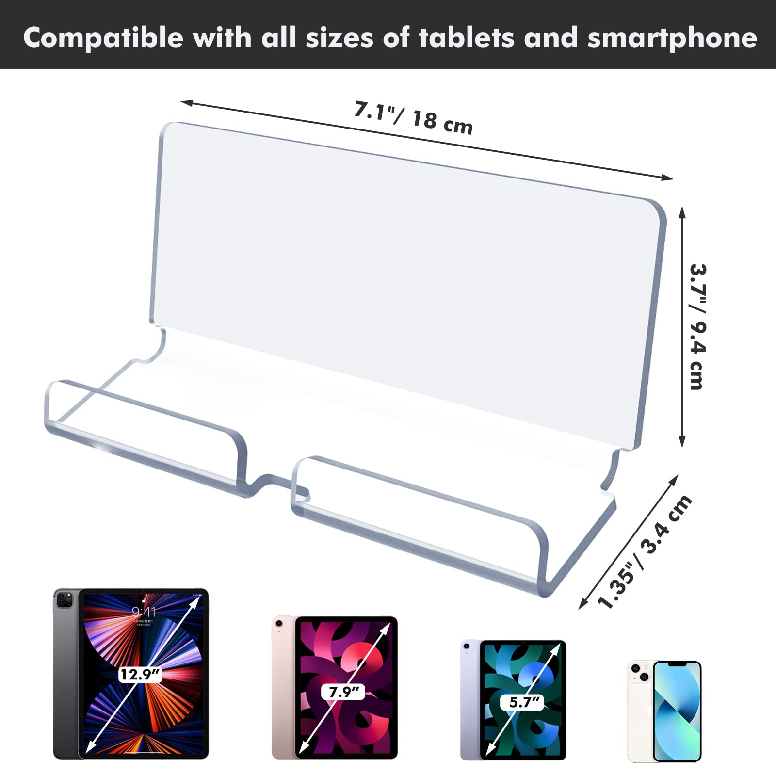 Kamehame Tablet Wall Mount Holder, Acrylic Material, Hand Free, for Smartphones, Tablets, eReader, Clear & Silky White