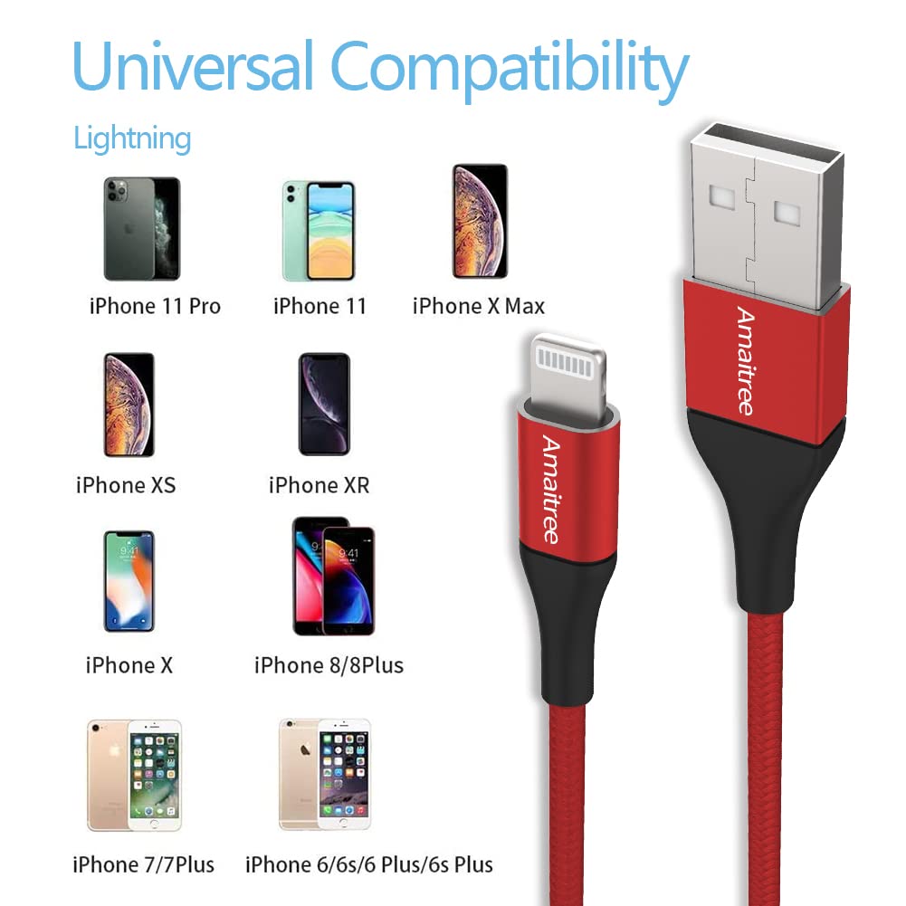 Amaitree Lightning Cable 6Ft, [Apple MFi Certified] 3A Fast Charging Nylon Braided iPhone Lightning Cable for iPhone 14 Pro Max/14/13/12/11/XS/XR/8/7/6 - Red