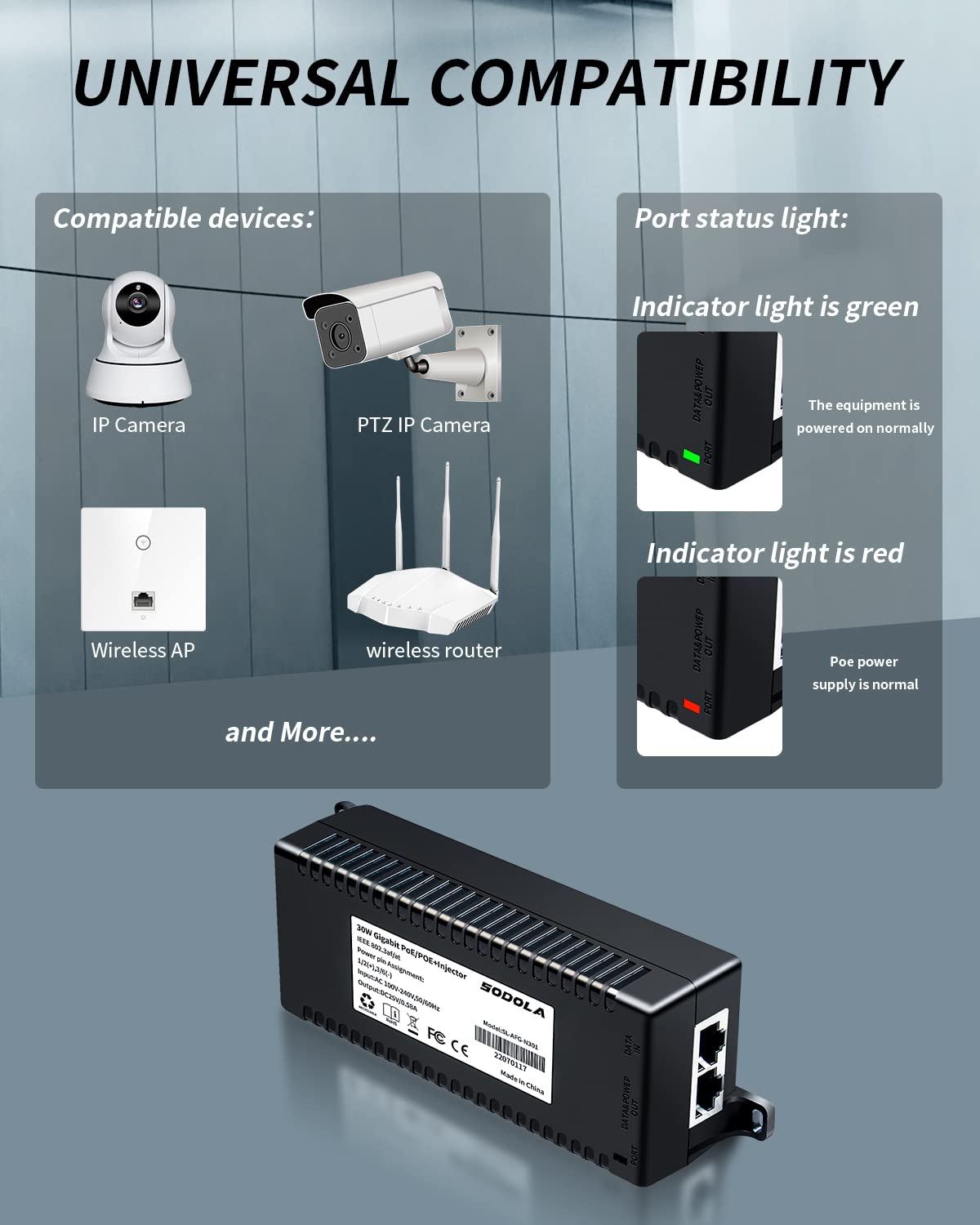 SODOLA POE Injector,30W Gigabit Power Over Ethernet PoE+ Injector Adapter | Convert Non-PoE to PoE Adapter |10/100/1000Mbps RJ-45 | 802.3 af/at | Plug & Play | up to 100 Meters (325 Feet)