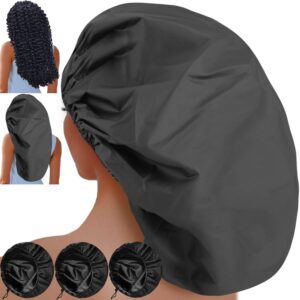 sheomern 3 pcs super jumbo adjustable satin lined shower caps for long hair & braids, extra large shower cap for women & men, reusable xl with waterproof edge for dreadlocks, locs (black)