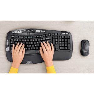 Logitech MK550 Comfort Wave Wireless Keyboard & Mouse Combo Home Office Active Lifestyle Modern Bundle with Micro Portable Wireless Bluetooth Speaker, Gel Wrist Pad & Gel Mouse Pad