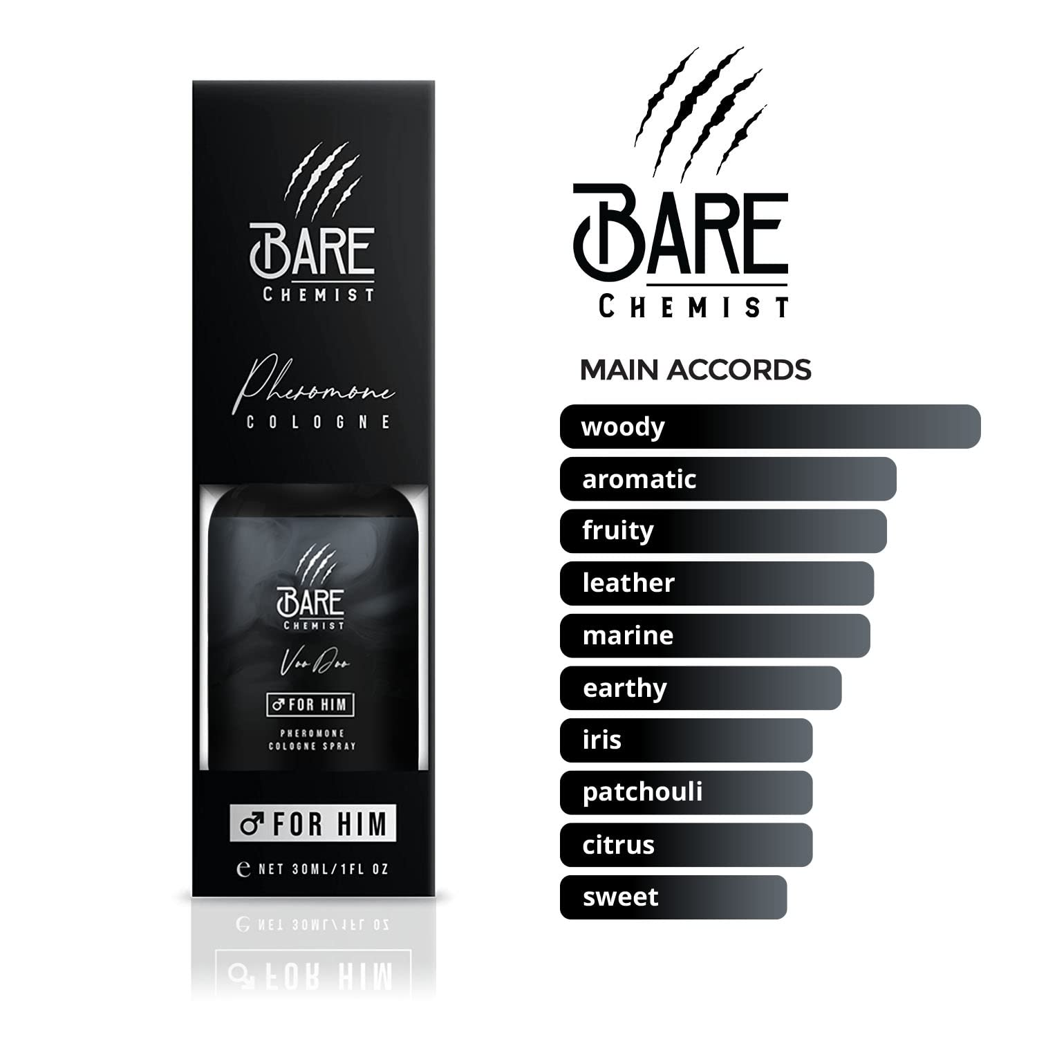 Bare Chemist Voodoo Pheromone Cologne for Him - [Long Lasting Formula] Pheromone Perfume Oil Spray for Men 1oz. - Spice, Wood, Amber