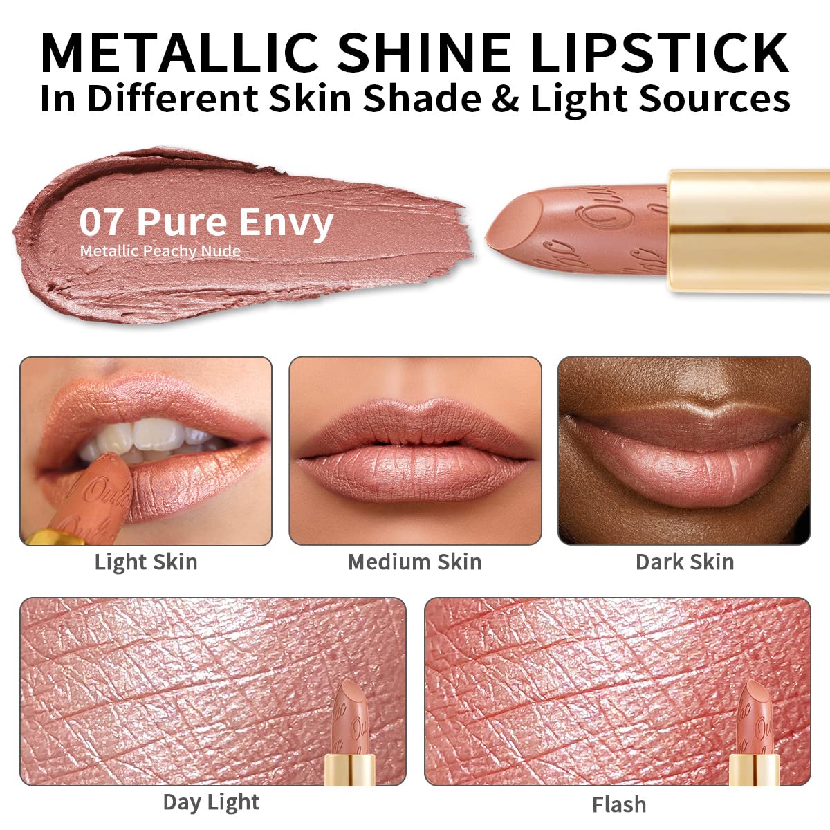 Oulac Nude Lipstick for Women with Metallic 3D Shine Lightweight Hydrating Formula, High Impact Lip Color, Vegan Beauty, Full Coverage Lip Makeup, Pure Envy(07)