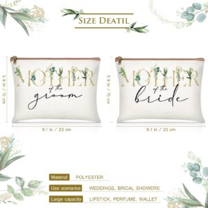 Reginary 2 Pieces Wedding Cosmetic Bags Mother of The Bride Makeup Bag Mother of Groom Canvas Bag Floral Initial Print Cosmetic Bag for Mom Mother in Law Wedding Engagement Gift (Leaf)