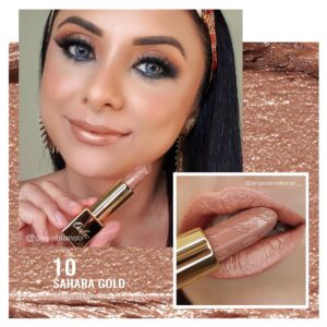 Oulac Nude Lipstick for Women with Metallic 3D Shine Lightweight Hydrating Formula, High Impact Lip Color, Vegan Beauty, Full Coverage Lip Makeup, Sahara Gold(10)