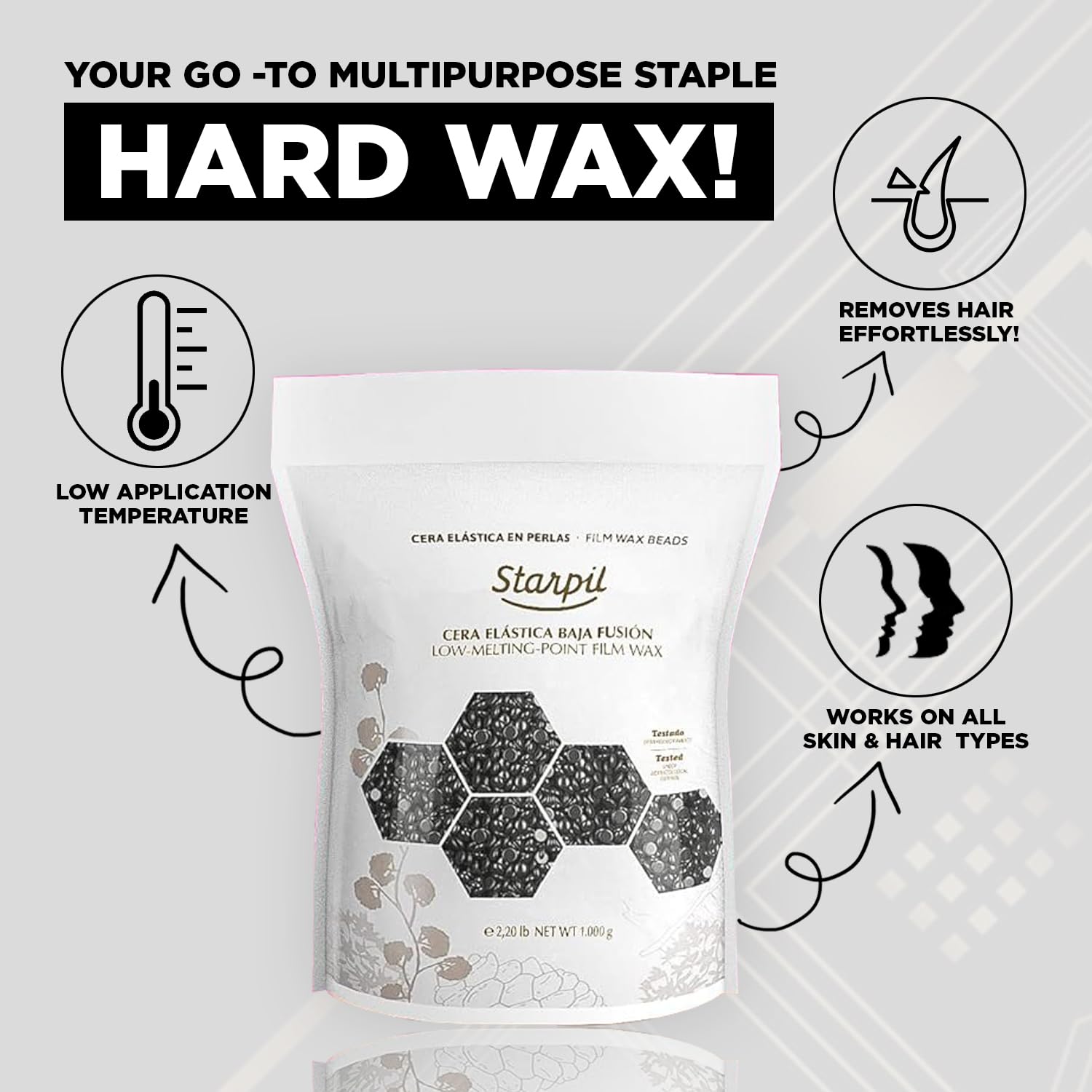 Starpil Wax 1000g / 2.2 lb Bag Black Hard Wax Beads for Hair Removal, Stripless Wax Polymer Blend, Low Temperature Film Wax Beans for Face, Body, Bikini, Brazilian, Legs, Underarm, Back, Chest.