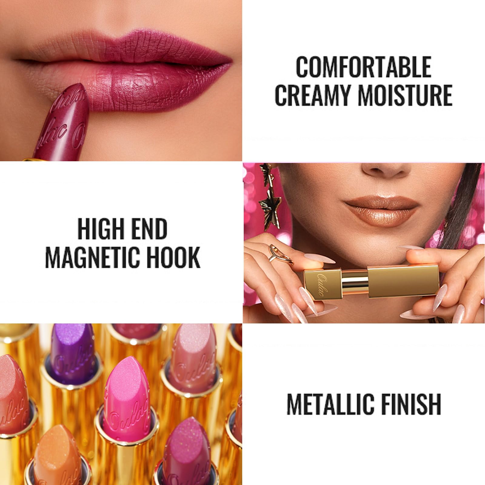 Oulac Pink Lipstick for Women with Metallic 3D Shine Lightweight Hydrating Formula, High Impact Lip Color, Vegan Beauty, Full Coverage Lip Makeup, Cosmopolis(01)