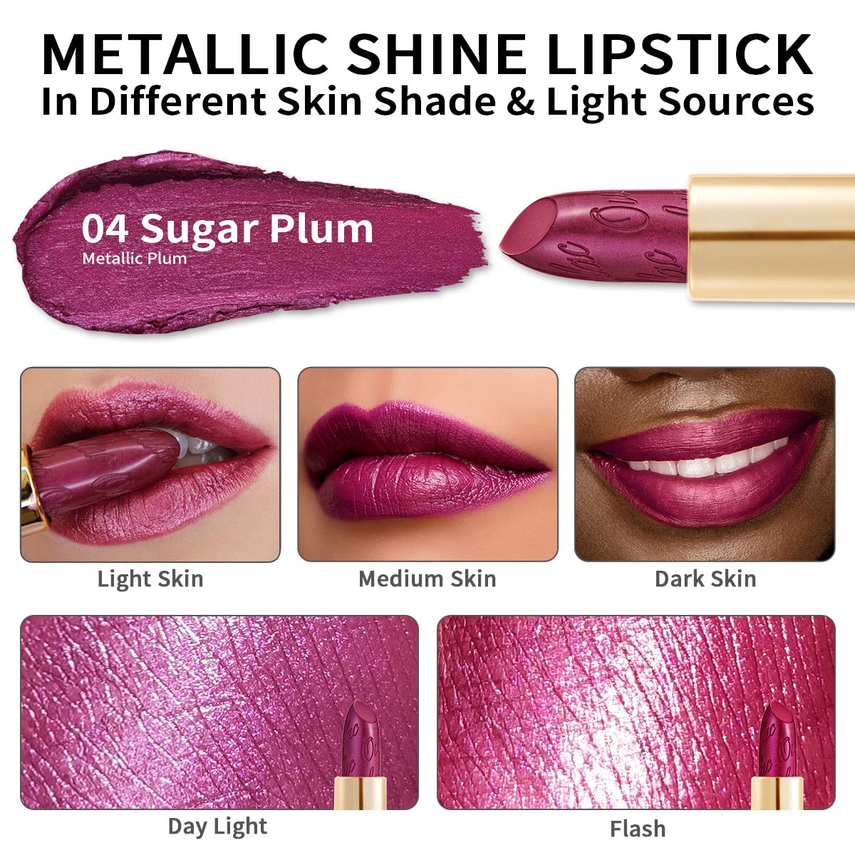 Oulac Purple Lipstick for Women with Metallic 3D Shine Lightweight Hydrating Formula, High Impact Lip Color, Vegan Beauty, Full Coverage Lip Makeup, Sugar Plum (04)