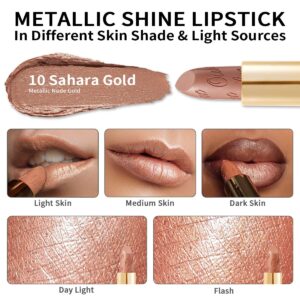 Oulac Nude Lipstick for Women with Metallic 3D Shine Lightweight Hydrating Formula, High Impact Lip Color, Vegan Beauty, Full Coverage Lip Makeup, Sahara Gold(10)