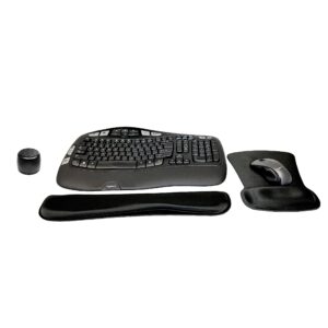 logitech mk550 comfort wave wireless keyboard & mouse combo home office active lifestyle modern bundle with micro portable wireless bluetooth speaker, gel wrist pad & gel mouse pad