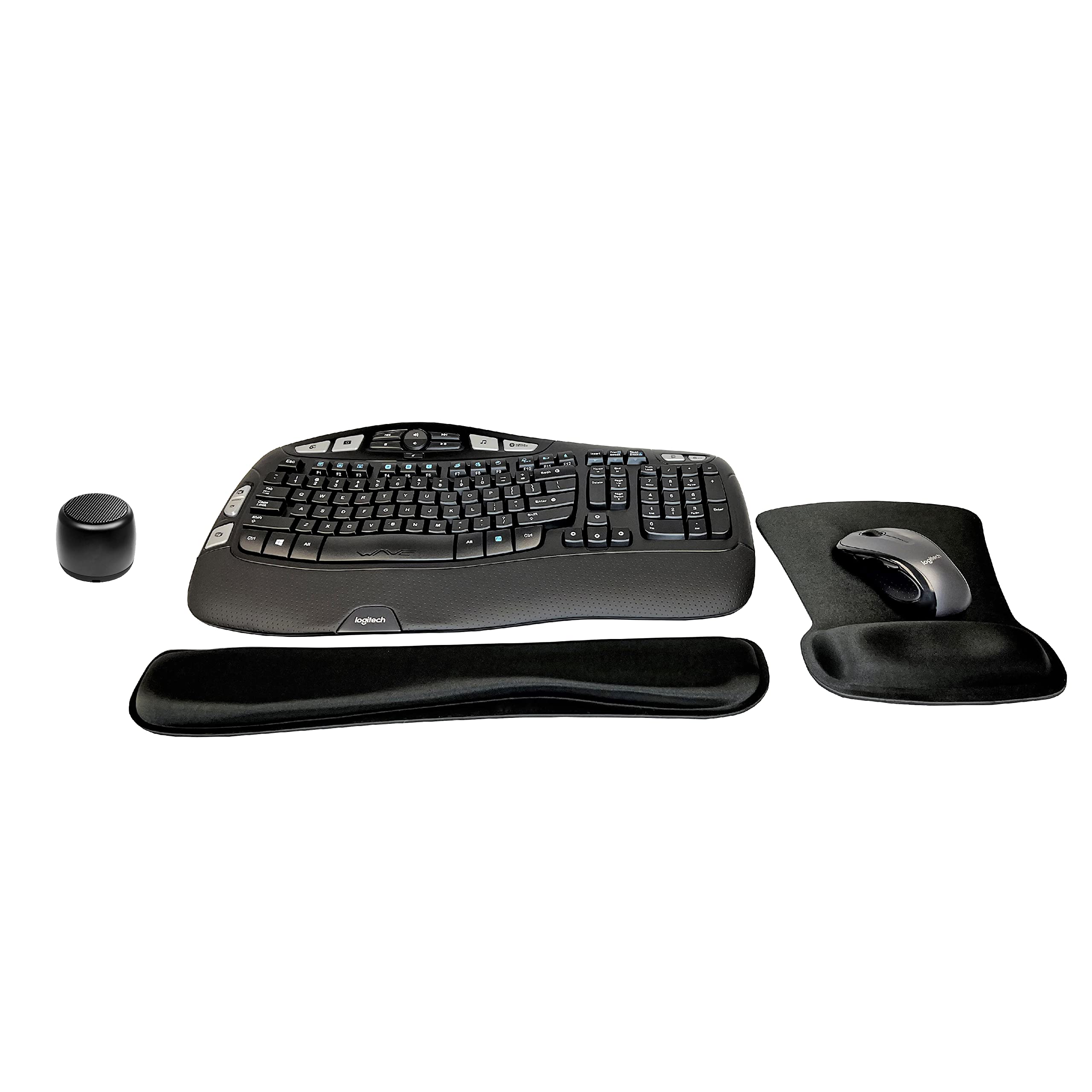 Logitech MK550 Comfort Wave Wireless Keyboard & Mouse Combo Home Office Active Lifestyle Modern Bundle with Micro Portable Wireless Bluetooth Speaker, Gel Wrist Pad & Gel Mouse Pad