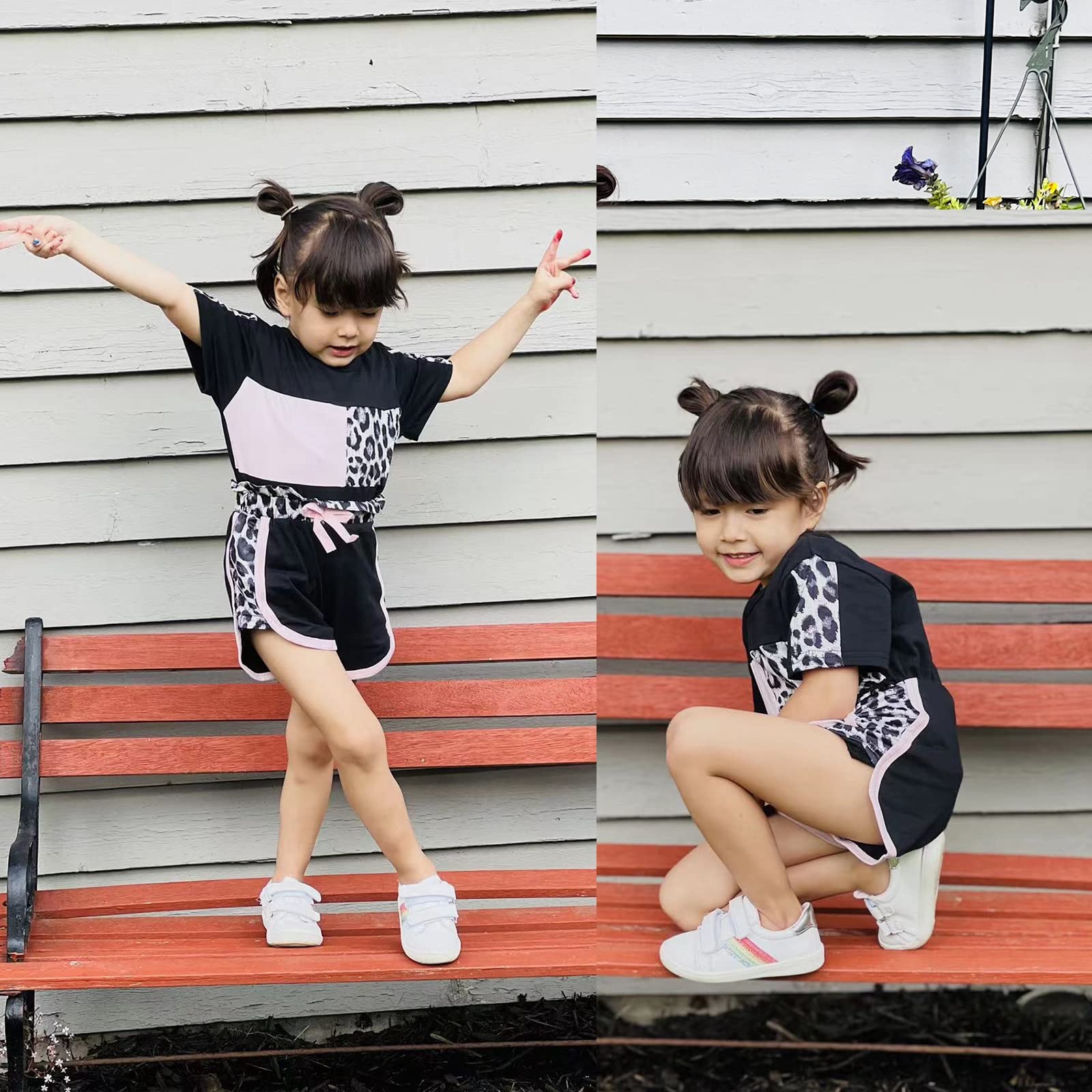 2 Years Old Girl Clothes Little Girls Summer Outfits For Girls Cute Baby Short Sleeve Leopard Tops T-shirt + Camo Shorts Sport Suits Tracksuit Girl Summer Outfits Set Black Leopard 2-3T 100cm