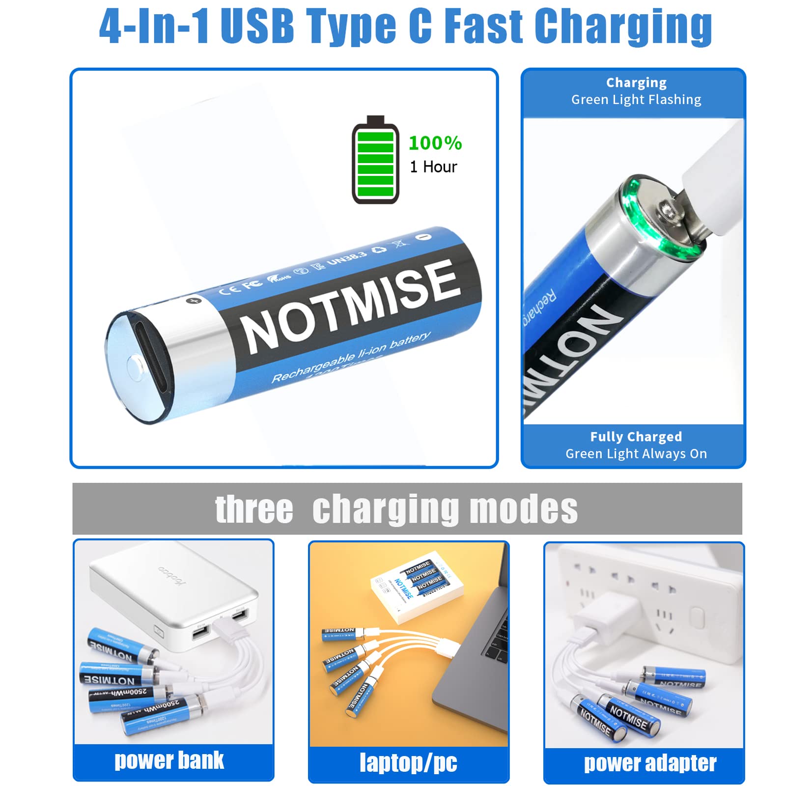 Notmise Rechargeable AA Batteries, AAA Lithium Ion 1.5V, Fast Charge, 4-in-1 USB Type C Charging Cable, Over 1200 Cycles, 4AA+4AAA (AA-4pcs)