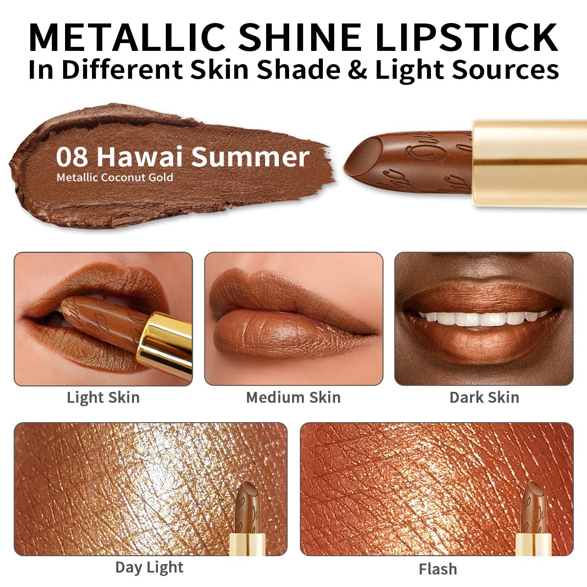 Oulac Dark Brown Lipstick for Women with Metallic 3D Shine Lightweight Hydrating Formula, High Impact Lip Color, Vegan Beauty, Full Coverage Lip Makeup, Hawaii Summer(08)