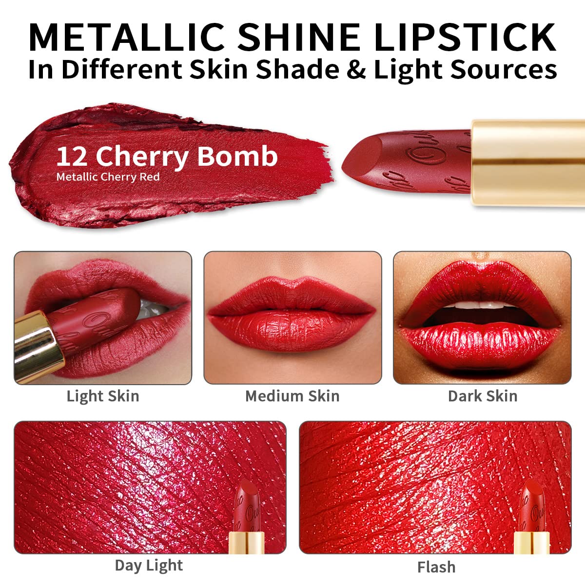 Oulac Red Lipstick Halloween for Women with Metallic 3D Shine Lightweight Hydrating Formula, High Impact Lip Color, Full Coverage Lip Makeup, Cherry Bomb(12)