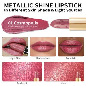 Oulac Pink Lipstick for Women with Metallic 3D Shine Lightweight Hydrating Formula, High Impact Lip Color, Vegan Beauty, Full Coverage Lip Makeup, Cosmopolis(01)