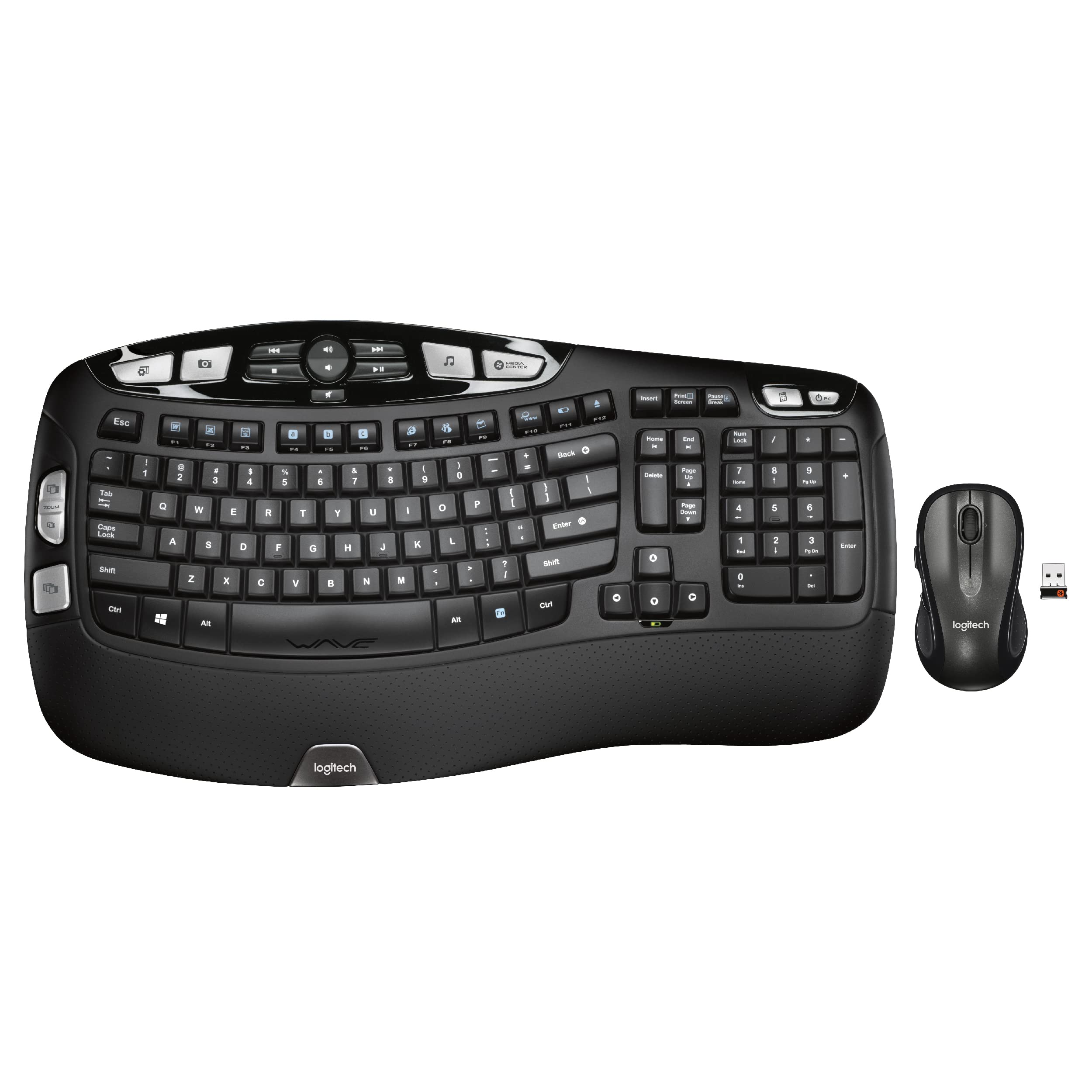 Logitech MK550 Comfort Wave Wireless Keyboard & Mouse Combo Home Office Active Lifestyle Modern Bundle with Micro Portable Wireless Bluetooth Speaker, Gel Wrist Pad & Gel Mouse Pad