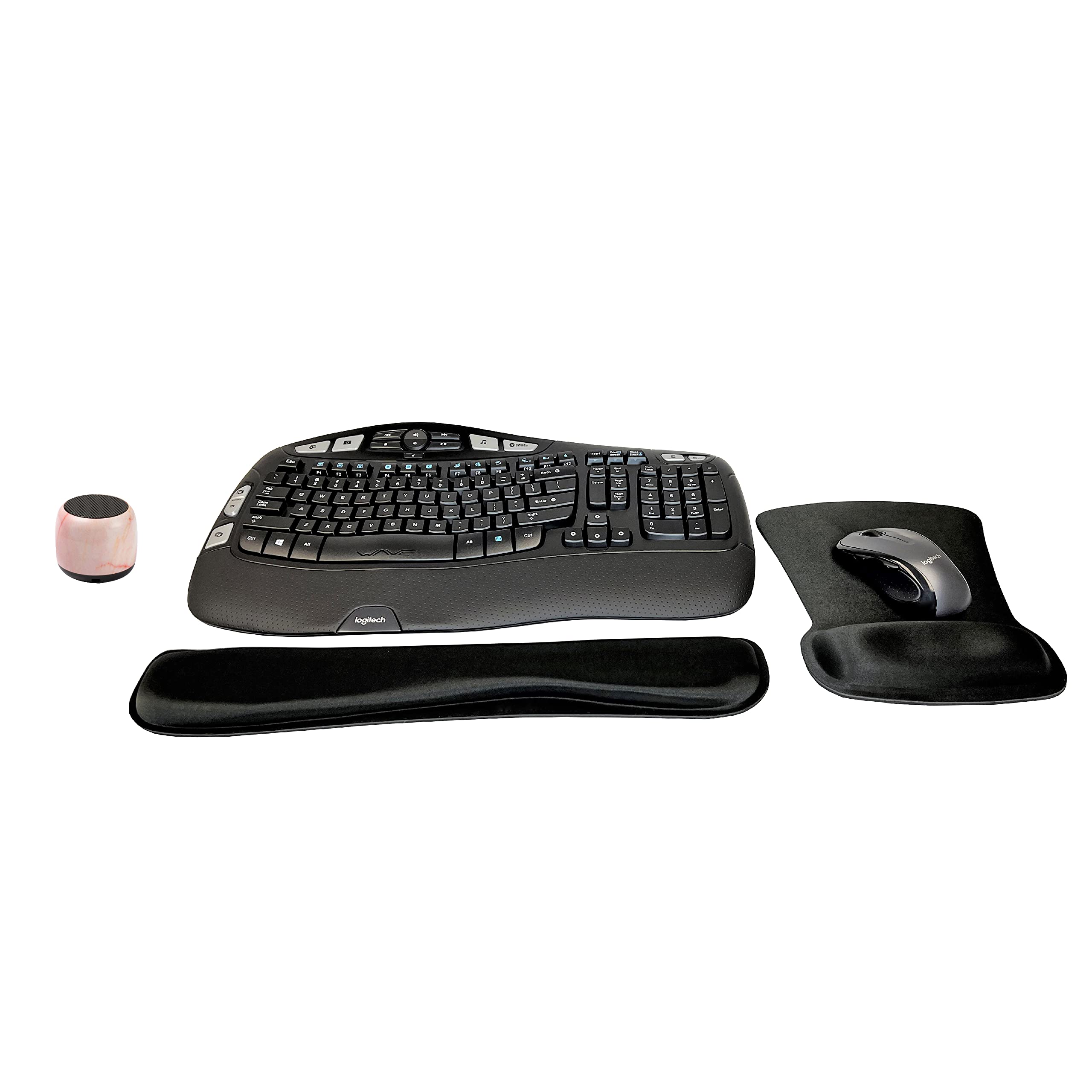 Logitech MK550 Comfort Wave Wireless Keyboard & Mouse Combo Home Office Active Lifestyle Modern Bundle with Special Edition Micro Portable Wireless Bluetooth Speaker, Gel Wrist Pad & Gel Mouse Pad