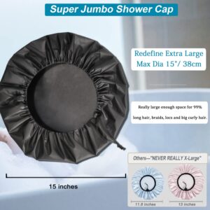 Sheomern 3 Pcs Super Jumbo Adjustable Satin Lined Shower Caps for Long Hair & Braids, Extra Large Shower Cap for Women & Men, Reusable XL with Waterproof Edge for Dreadlocks, Locs (Black)