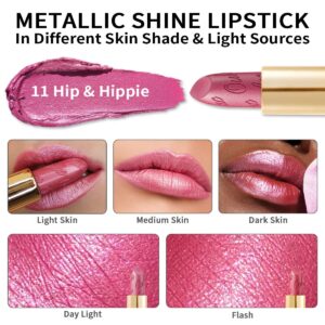 Oulac Pink Lipstick for Women with Metallic 3D Shine Lightweight Hydrating Formula, High Impact Lip Color, Vegan Beauty, Full Coverage Lip Makeup, Hip & Hippie(11)